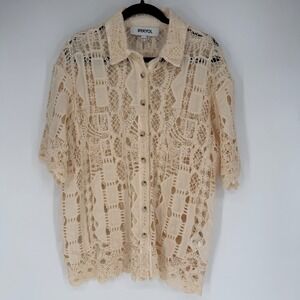 IPEKYOL SHORT SLEEVE CREAM CROCHET LACE BUTTON-DOWN SHIRT‎ US 10 BOHO CROCHET